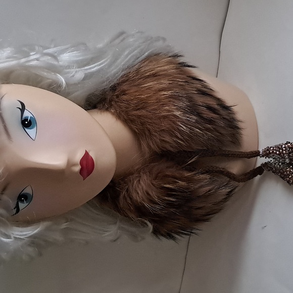 Fox Fur Collar Unisex Fleece Lined Warm Upcycled Beads Sequins Wool Ties OOAK - Picture 8 of 10